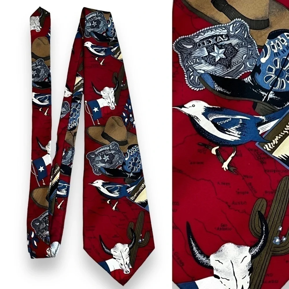 VTG Texas State Tie Novelty Western Cowboy Hat Lone Star Flag Skull Cactus Silk